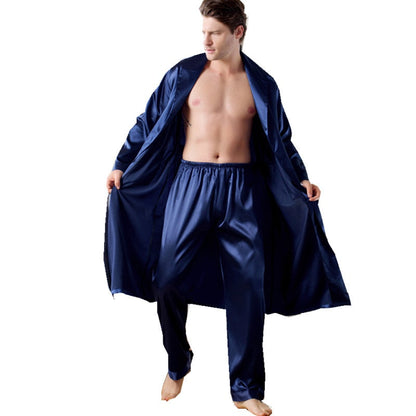 sanyamk Two-Piece Home Silk Robe Pants Pajama Set or Bathrobe Shorts Sets 7XL-M Long Sleeve Sleepwear for Men Kimono Soft Cozy Bath Gown