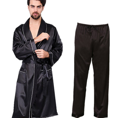 sanyamk Two-Piece Home Silk Robe Pants Pajama Set or Bathrobe Shorts Sets 7XL-M Long Sleeve Sleepwear for Men Kimono Soft Cozy Bath Gown