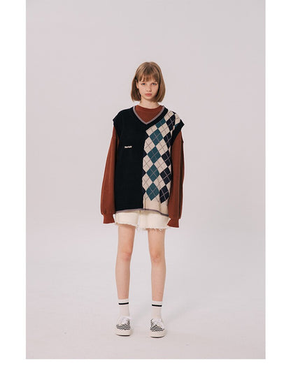 Bonsir Japanese Loose Couple Patchwork Argyle Sweater Vest Men's New Autumn Fashion Harajuku Letter Embroidery Man Pullover Vest