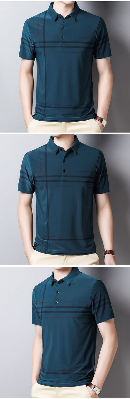 sanyamk Fashion Slim Men Polo Shirt Black Short Sleeve Summer Thin Shirt Streetwear Striped Male Polo Shirt for Korean Clothing