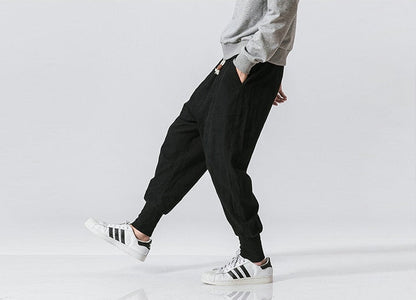 Bonsir Cotton Linen Harem Pants Men Solid Elastic Waist Streetwear Joggers New Baggy Drop-crotch Pants Casual Trousers Men