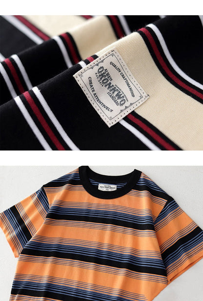 Bonsir Summer Stripe T-Shirt Men And Women Classic Streetwear Fashion Ins Trend Vintage O-Neck Cotton Youth Couple Short-Sleeved Tops