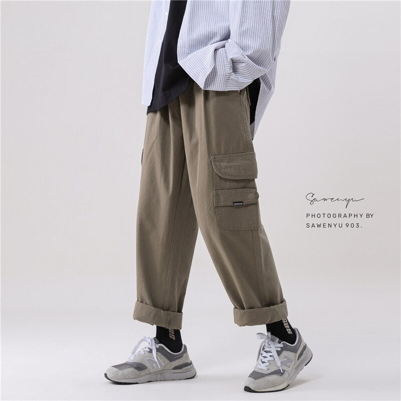 Bonsir Japan Style Men Cargo Pants Male Straight Casual Loose Joggers Autumn Winter Hip Hop Mopping Trousers Streetwear All-match Pants