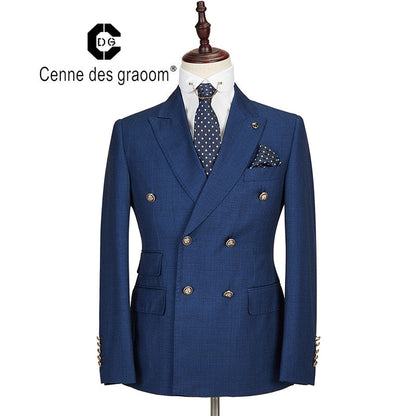 Cenne Des Graoom New Men Suit Plaid Double Breasted Two Pieces Slim Fit High Quality Wedding Party Singer Costume DG-188