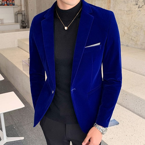 sanyamk Fall Winter Gold Velvet Blazer High Quality Slim Fit Suit Jacket Fashion Casual Men Groom Singer Costume Formal Evening Dress