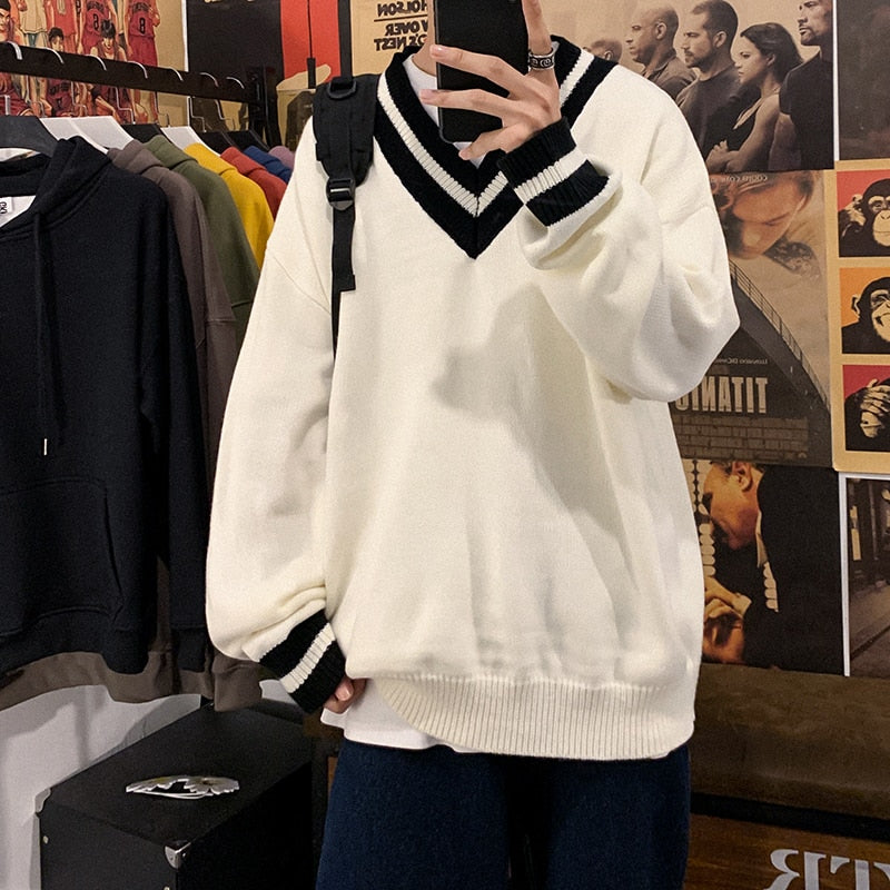 Bonsir Oversized Sweater Men New V-neck Harajuku Patchwork Color Knitted Sweater Pullover Hip Hop Streetwear Loose Knitwear Tops