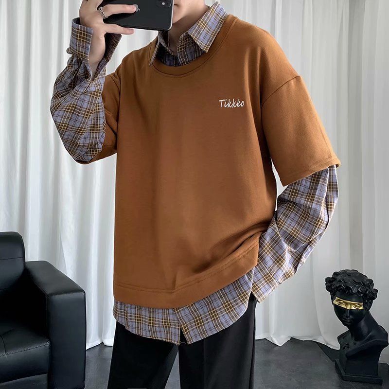 Bonsir Ins Fake Two-piece Tshirts Men's Spring Autumn Loose Plaid Shirt Lapel Long Sleeved T-shirt Student Unisex Casual Top Clothes