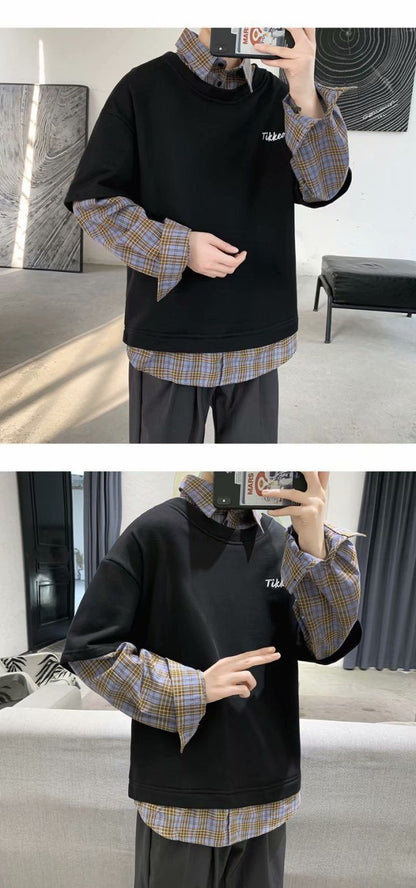 Bonsir Ins Fake Two-piece Tshirts Men's Spring Autumn Loose Plaid Shirt Lapel Long Sleeved T-shirt Student Unisex Casual Top Clothes