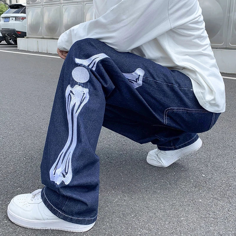 sanyamk Jeans Men Skeleton Baggy Casual Jean Pants Mens Japan Style Streetwear Wide Leg Denim Trousers Male Vintage Blue Denim Pants