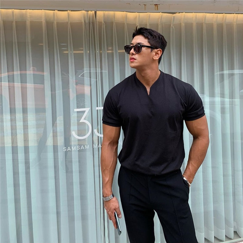 sanyamk New Arrived V neck short sleeve men t shirt Slim Fit t-shirt men Skinny casual summer tshirt camisetas hombre M-3XL