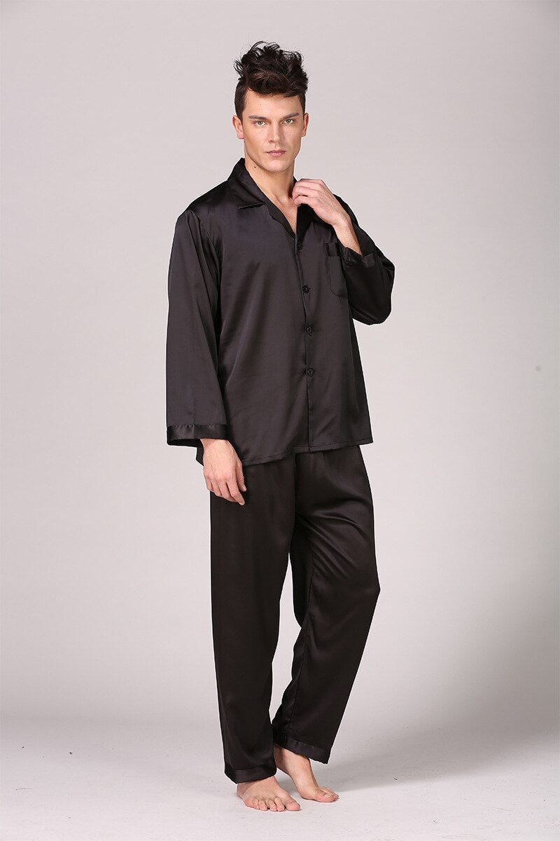 sanyamk Sleepwear Men Black Nightwear Long Sleeve Pajamas Sleeping Suit for Men Housewear Silk Pajamas for Men Sleepwear Mens Pajama Set