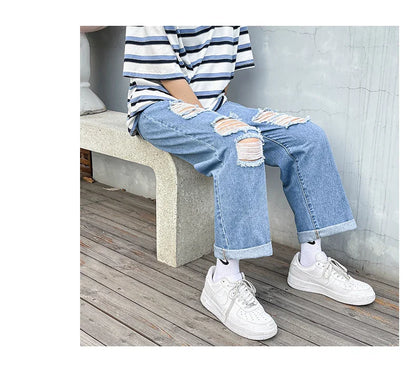 sanyamk Young Men's Loose Tide Brand Ripped Jeans Korean Trend Straight Pants High Street Hip Hop Nine-point Light Pants