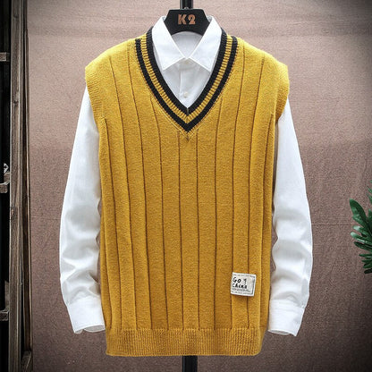 sanyamk 151 Autumn Winter Men Knitted Sweater Waistcoat Fashion Campus Casual Color Contrast Sleeveless Stripe V-Neck Patchwork Vest