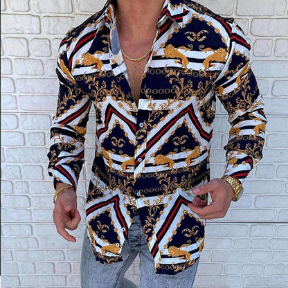 sanyamk trendy mens fashion mens summer outfits dope outfits mens street style mens spring fashion aesthetic outfits menAutumn Long Sleeve Casual Shirt Vintage Pattern Chain Printed Patchwork Men Shirts 2021 Spring Turn-down Collar Button Men's Top