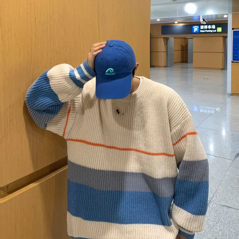 sanyamk Striped sweater men's autumn and winter fashion brand loose color matching sweater coat versatile lazy wind thickened round neck