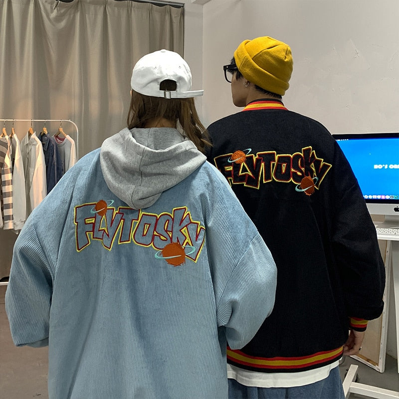 Bonsir Corduroy Embroidered Baseball suit men's fashion ins American single breasted couple loose jacket Vintage spring coat streetwear
