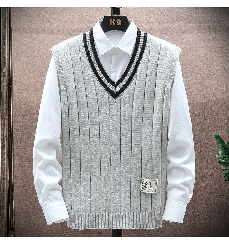 sanyamk 151 Autumn Winter Men Knitted Sweater Waistcoat Fashion Campus Casual Color Contrast Sleeveless Stripe V-Neck Patchwork Vest