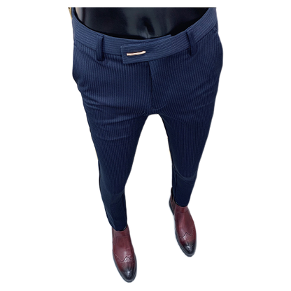 Chic Striped Navy Blue Pants Men Elegant Slim Fit Tight-ankle Suit Trousers Pants For Men Office Party Trousers Mens Dress Pants