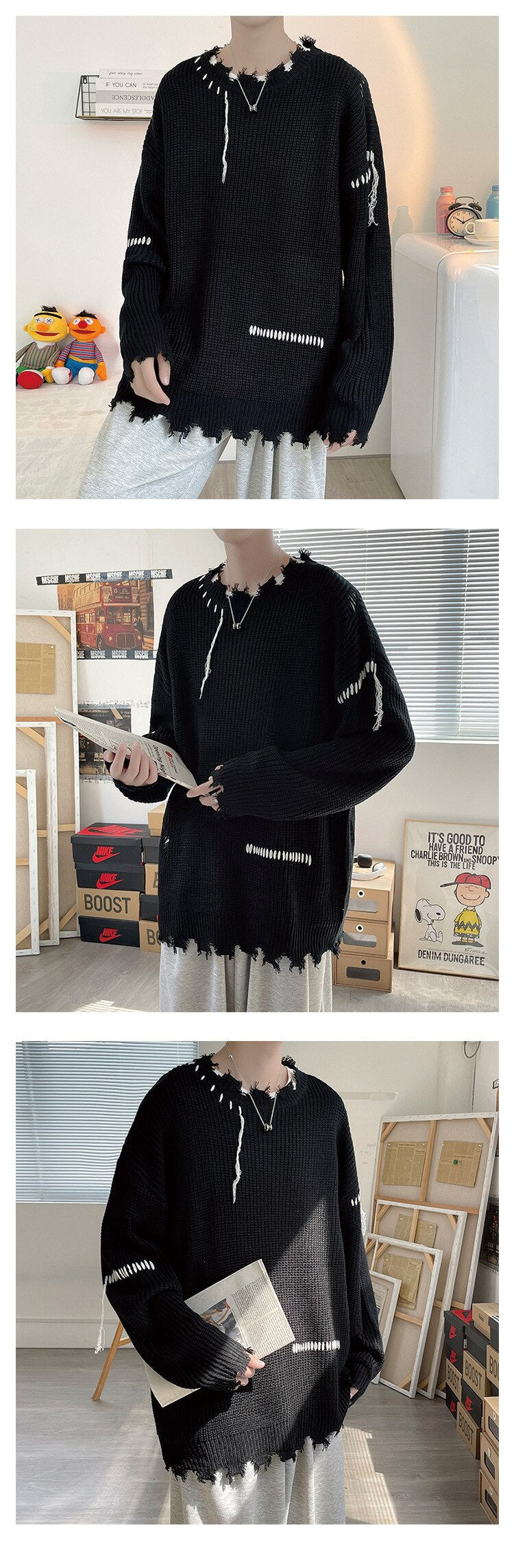 Bonsir Spring Autumn Ins High Street Ripped Sweater Men's Hole Loose Lazy Knitted Pullover Harajuku Version Trend Student Streetwear