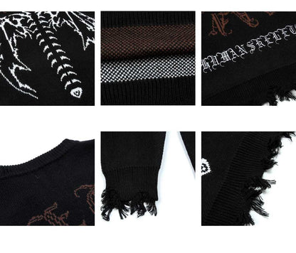 Bonsir Punk Gothic Wings Pattern Embroidery Destruction Style Oversized Sweater women Y2k Street Hip Hop Crew Neck Sweater Couple