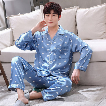 sanyamk New Lounge Wear Women Nightwear Satin PJS Suit Couple Pajamas Set 2PCS Shirt&Pants Soft Striped Lovers Sleepwear Homewear