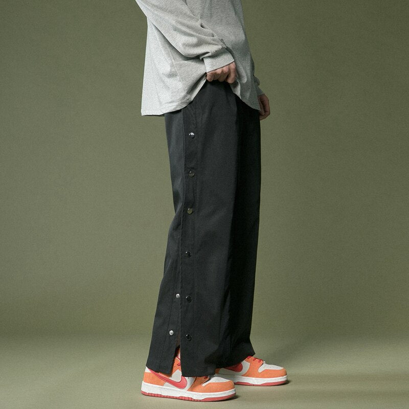 Bonsir Double Side Buttons Casual Cargo Pants Men Spring Streetwear Loose Pant Straight Trousers Mens Pants Grey/Black