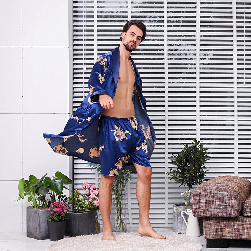 sanyamk Two-Piece Home Silk Robe Pants Pajama Set or Bathrobe Shorts Sets 7XL-M Long Sleeve Sleepwear for Men Kimono Soft Cozy Bath Gown