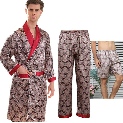 sanyamk 3 PCS Robe Pants Pajama Set 4XL 3XL Men Bathrobe Shorts Suit Silk Sleepwear for Men Kimono Home Soft Cozy Long-sleeved Bath Gown