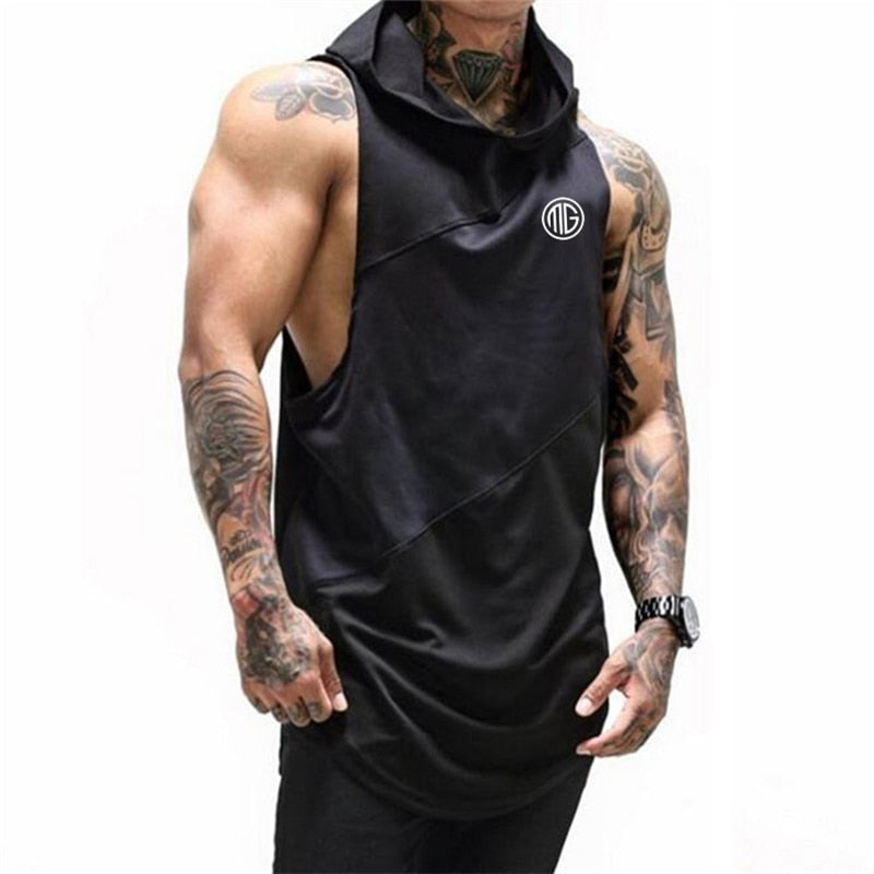 sanyamk New Running Vest Gym Clothing Fitness Tank Top with hooded Mens Bodybuilding Stringers Workout Singlet Sport Sleeveless T Shirt