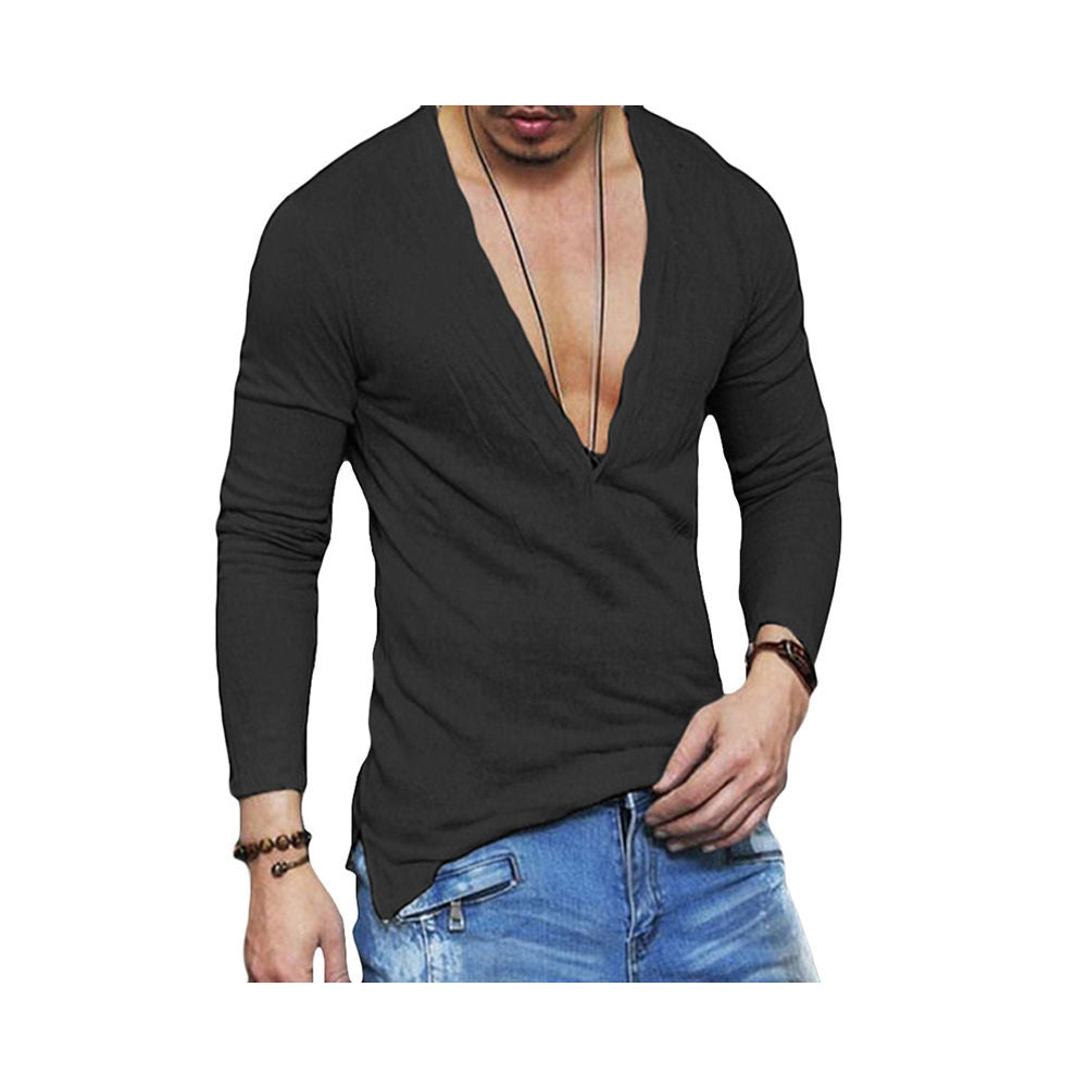 sanyamk US Stock Fashion Men Casual Slim Fit Long Sleeve Deep V-neck Sexy Shirt T-shirts