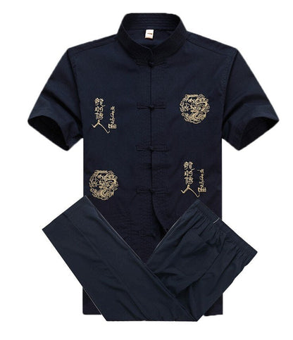 sanyamk Chinese Men Cotton Kung Fu Suit Embroidery  Wu Shu Uniform Tai Chi Clothing Short Sleeve Shirt+Pant M L XL XXL XXXL MS013