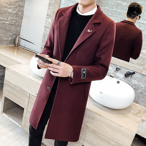 Autumn Winter Long Solid Color Windbreaker Coat New Men Woolen Coat s Plus Size 5XL Men's Slim Fashion Windbreaker Jacket