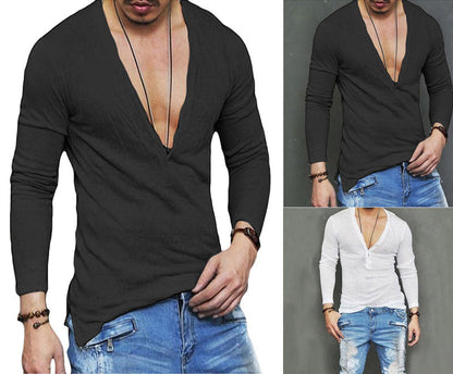 sanyamk US Stock Fashion Men Casual Slim Fit Long Sleeve Deep V-neck Sexy Shirt T-shirts