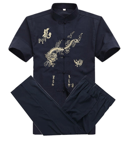 sanyamk Chinese Men Cotton Kung Fu Suit Embroidery  Wu Shu Uniform Tai Chi Clothing Short Sleeve Shirt+Pant M L XL XXL XXXL MS013