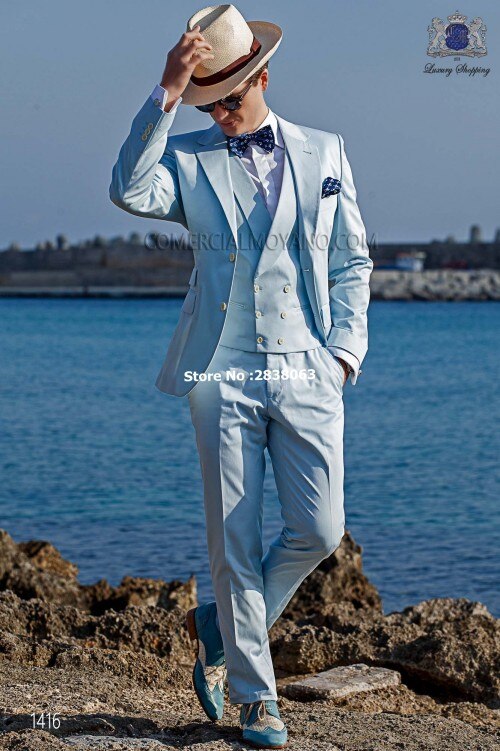 sanyamk New Arrival Groomsmen Notch Lapel Groom Tuxedos Baby Blue Men Suits Wedding Best Man Blazer ( Jacket+Pants+Tie+Vest ) C98