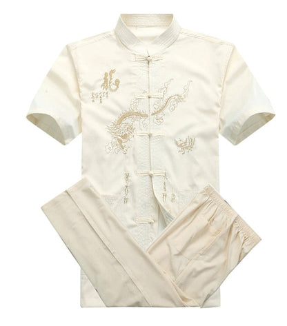 sanyamk Chinese Men Cotton Kung Fu Suit Embroidery  Wu Shu Uniform Tai Chi Clothing Short Sleeve Shirt+Pant M L XL XXL XXXL MS013