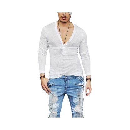 sanyamk US Stock Fashion Men Casual Slim Fit Long Sleeve Deep V-neck Sexy Shirt T-shirts