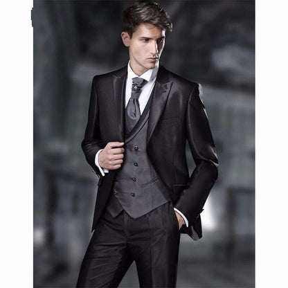 sanyamk New Arrival Groomsmen Peak Lapel Groom Tuxedos Shiny Black Men Suits Wedding Best Man Blazer (Jacket+Pants+Tie+Vest) B983