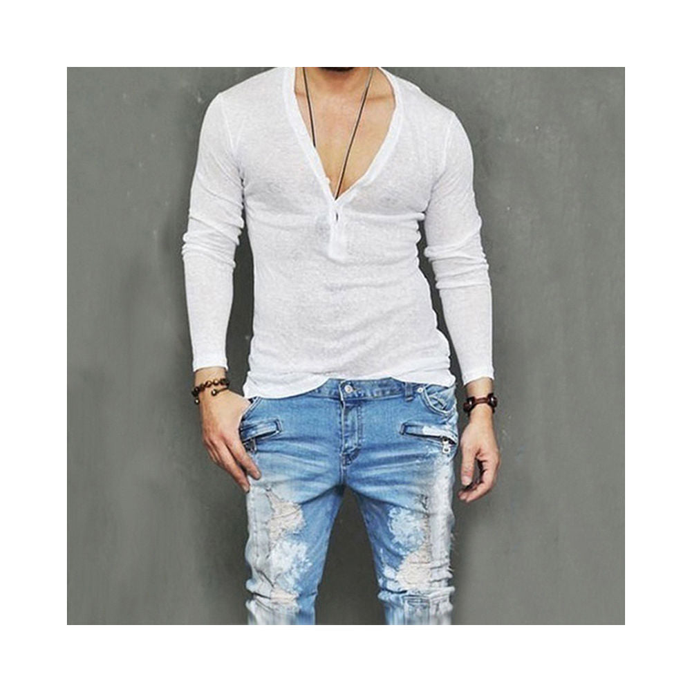 sanyamk US Stock Fashion Men Casual Slim Fit Long Sleeve Deep V-neck Sexy Shirt T-shirts