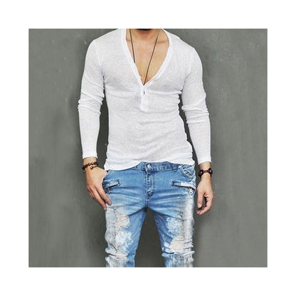 sanyamk US Stock Fashion Men Casual Slim Fit Long Sleeve Deep V-neck Sexy Shirt T-shirts