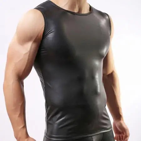 sanyamk Sexy Men's Tank Tops Faux Leather Sleeveless PU Leather Undershirt Tops Vest Waistcoat Underwear Gay Male Black Undershirt