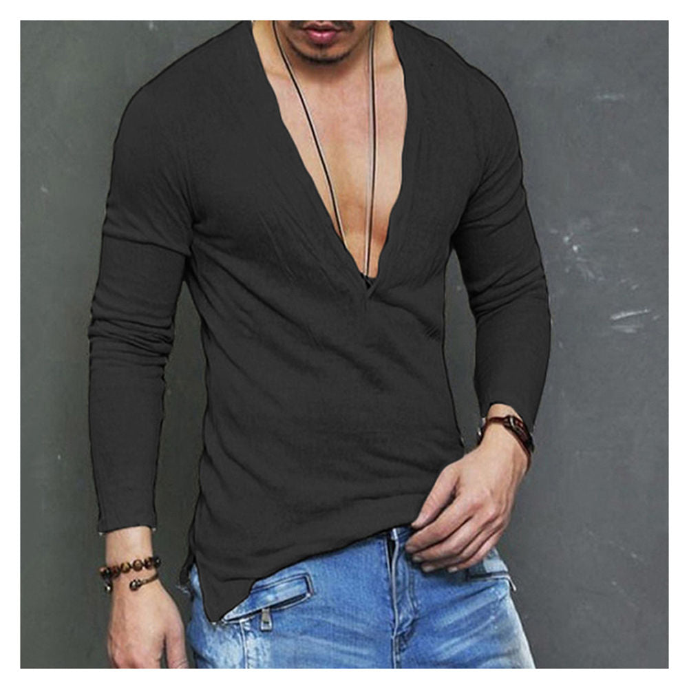 sanyamk US Stock Fashion Men Casual Slim Fit Long Sleeve Deep V-neck Sexy Shirt T-shirts