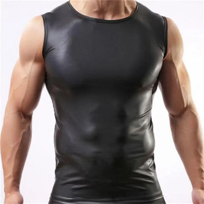 sanyamk Sexy Men's Tank Tops Faux Leather Sleeveless PU Leather Undershirt Tops Vest Waistcoat Underwear Gay Male Black Undershirt