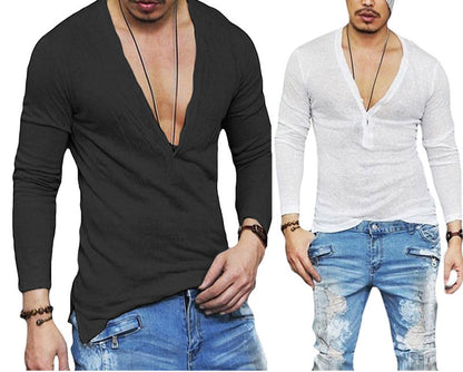 sanyamk US Stock Fashion Men Casual Slim Fit Long Sleeve Deep V-neck Sexy Shirt T-shirts