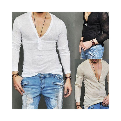 sanyamk US Stock Fashion Men Casual Slim Fit Long Sleeve Deep V-neck Sexy Shirt T-shirts