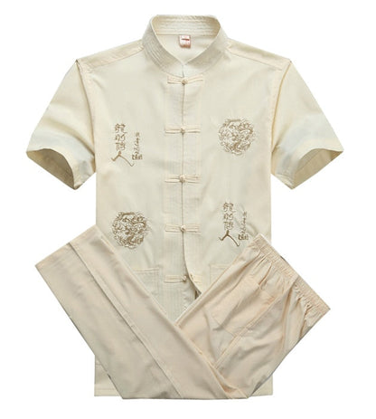 sanyamk Chinese Men Cotton Kung Fu Suit Embroidery  Wu Shu Uniform Tai Chi Clothing Short Sleeve Shirt+Pant M L XL XXL XXXL MS013