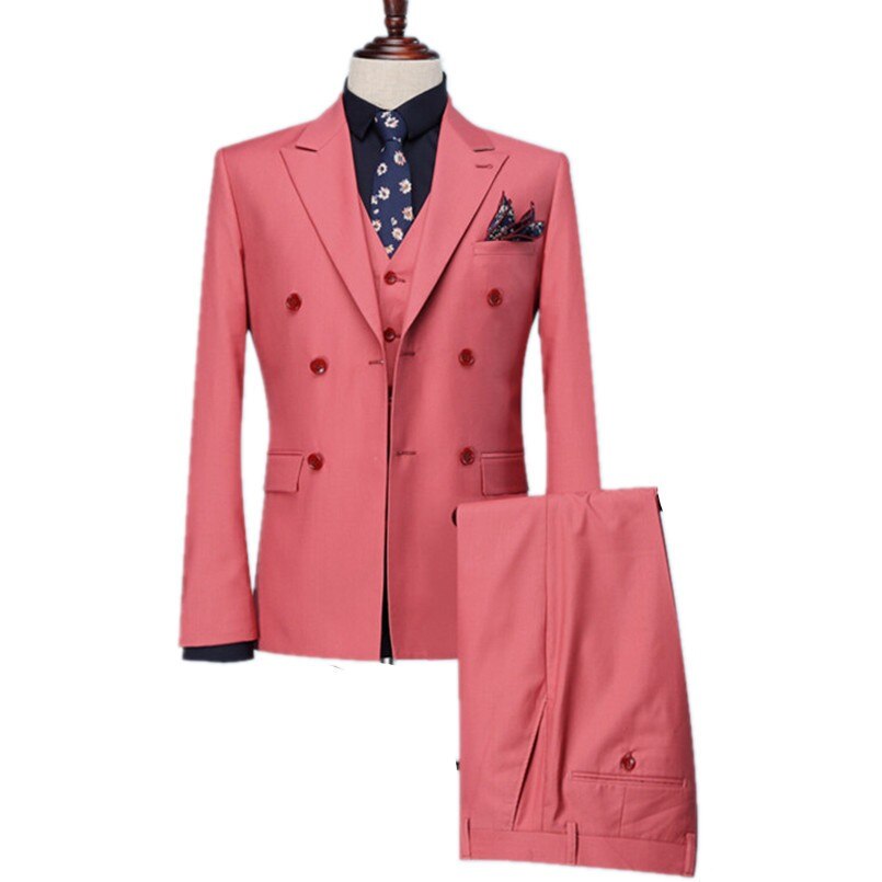 sanyamk Double-Breasted Groomsmen Peak Lapel Groom Tuxedos Coral Men Suits Wedding Best Man Blazer (Jacket+Pants+Tie+Vest) B957