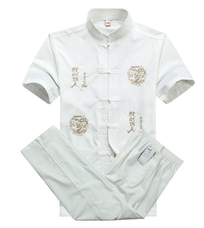 sanyamk Chinese Men Cotton Kung Fu Suit Embroidery  Wu Shu Uniform Tai Chi Clothing Short Sleeve Shirt+Pant M L XL XXL XXXL MS013