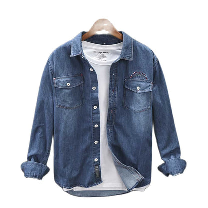 sanyamk New Fashion Men Denim Shirts Jacket Vintage Cotton Jeans Shirt Long Sleeve Clothing