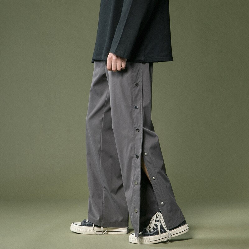 Bonsir Double Side Buttons Casual Cargo Pants Men Spring Streetwear Loose Pant Straight Trousers Mens Pants Grey/Black